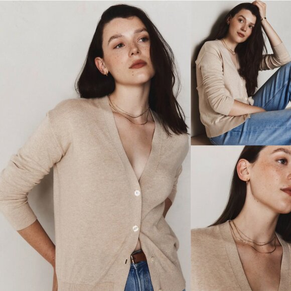 Quince Lightweight Cotton Cashmere Cardigan M V Neck Heather Oatmeal $128 Preppy - Picture 1 of 16